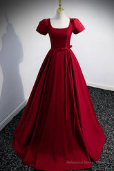 Burgundy Scoop Neckline Satin Long Prom Dress, Short Sleeve Evening Dress